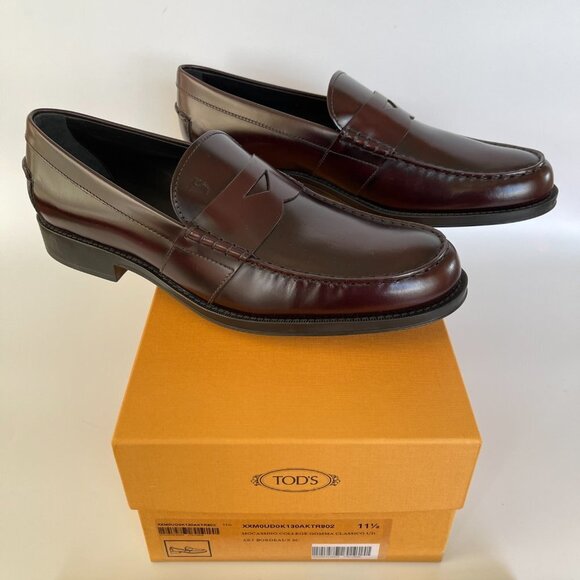 TOD'S ITALY BORDEAUX LEATHER LOAFERS SHOES, MOCASSINO COLLEGE GOMMA CLASSICO - Picture 10 of 15